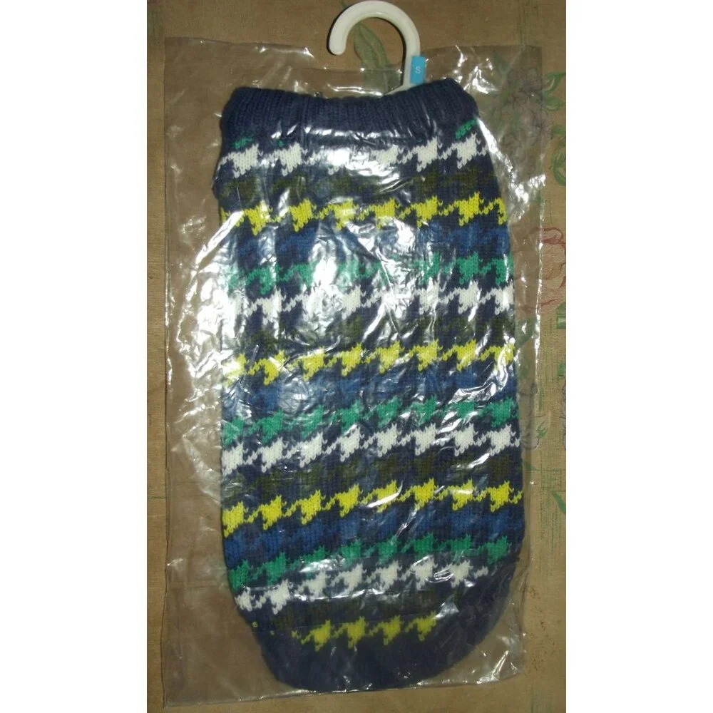 Top Paw Dog Sweater Size Small navy blue houndstooth print green yellow gray